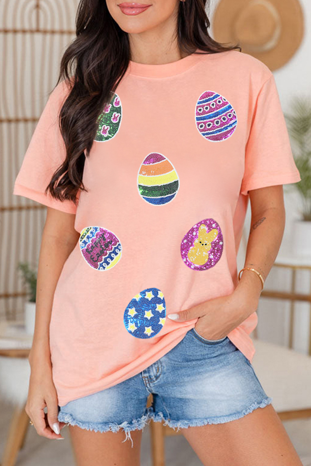 Pink Sequin Easter Eggs Graphic Crewneck T Shirt-Graphic/Graphic Tees-[Adult]-[Female]-2022 Online Blue Zone Planet