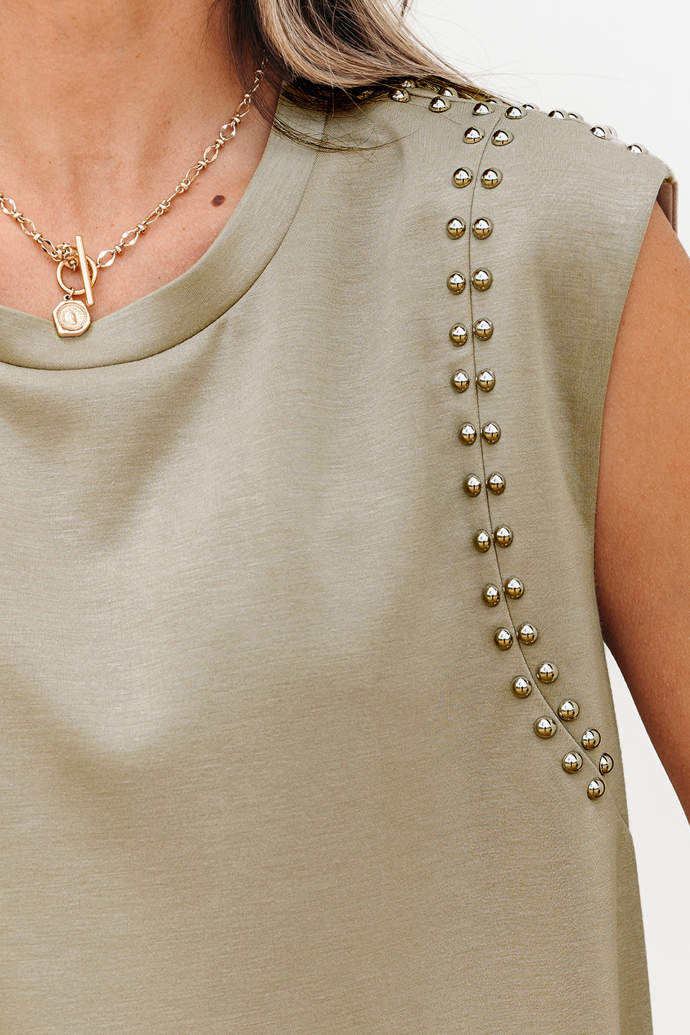 Sage Green Studded Cap Sleeve Round Neck T Shirt-Tops/Tops & Tees-[Adult]-[Female]-2022 Online Blue Zone Planet