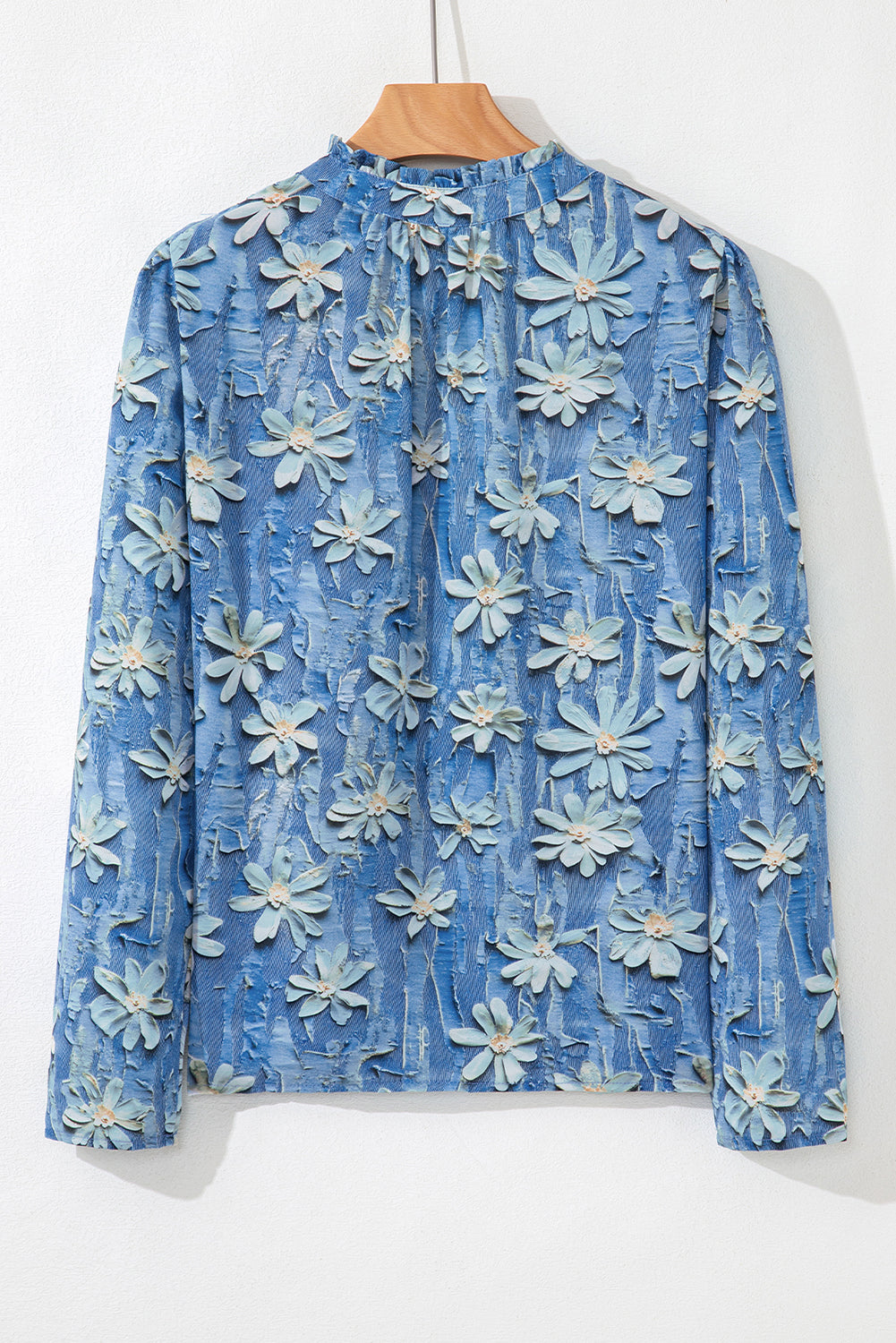 Sky Blue Fall Floral Half Placket Collared V Neck Blouse-Tops/Blouses & Shirts-[Adult]-[Female]-2022 Online Blue Zone Planet