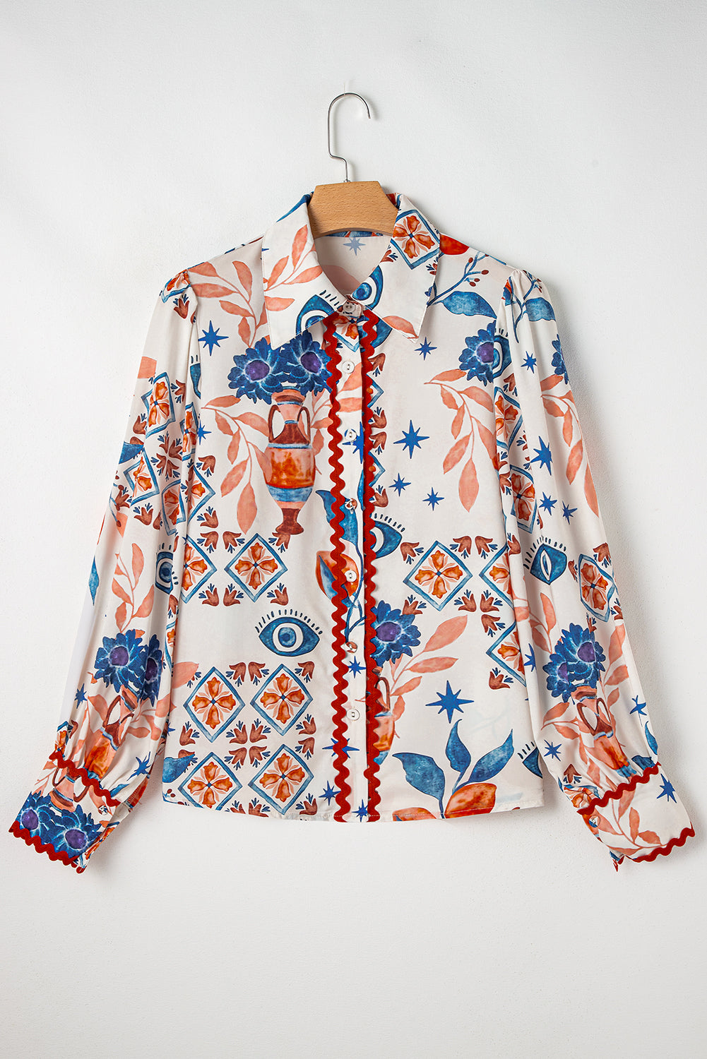 Multicolour Ethnic Floral Print Ricrac Button Down Shirt-Long Sleeve Tops-[Adult]-[Female]-2022 Online Blue Zone Planet