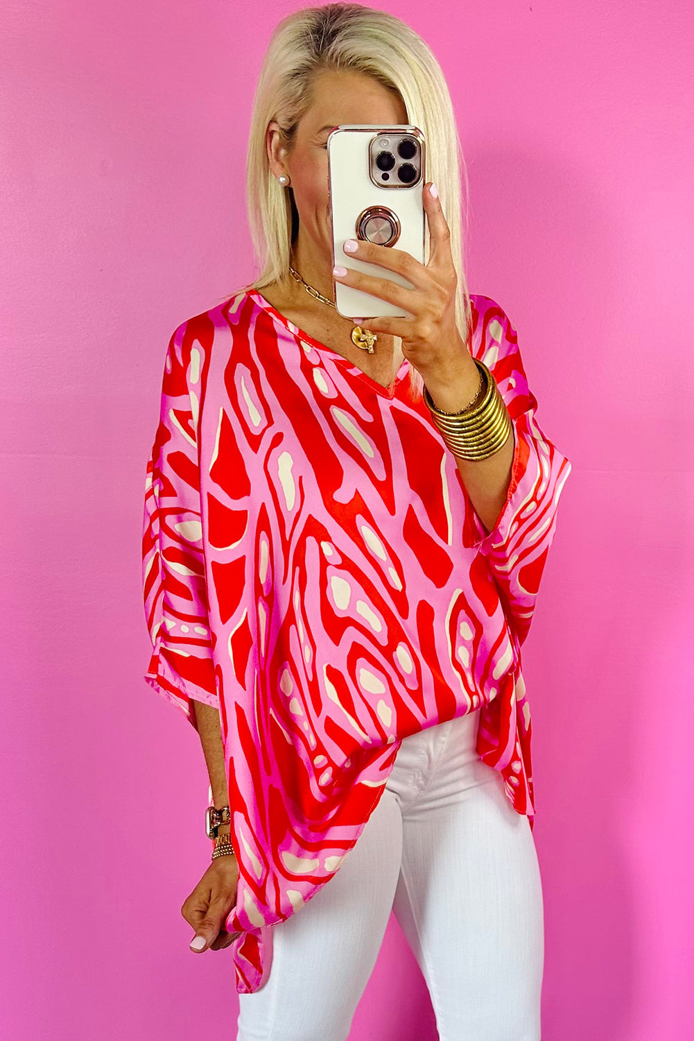 Red Abstract Print V Neck Batwing Sleeve Oversized Blouse-Tops/Blouses & Shirts-[Adult]-[Female]-2022 Online Blue Zone Planet