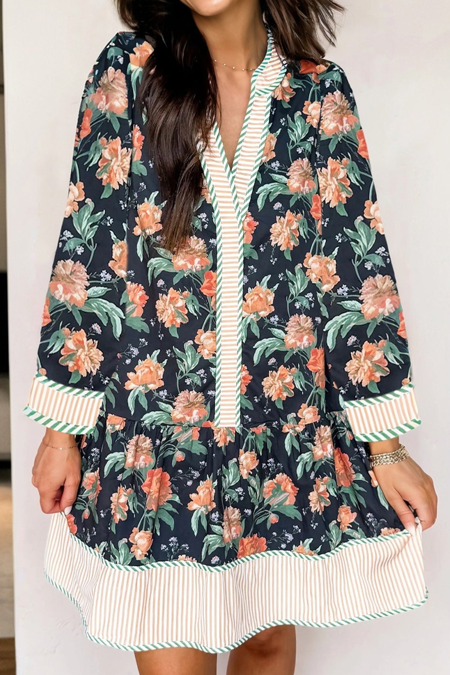 Blue Floral Print Striped Trim V Neck Long Sleeve Ruffle Hem Shift Mini Dress-TOPS / DRESSES-[Adult]-[Female]-2022 Online Blue Zone Planet