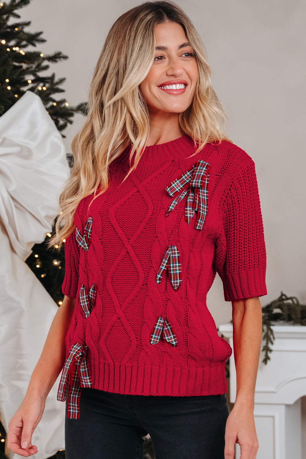 Fiery Red Plaid Lace Up Detail Christmas Holiday Puff Short Sleeve Sweater-TOPS / DRESSES-[Adult]-[Female]-2022 Online Blue Zone Planet
