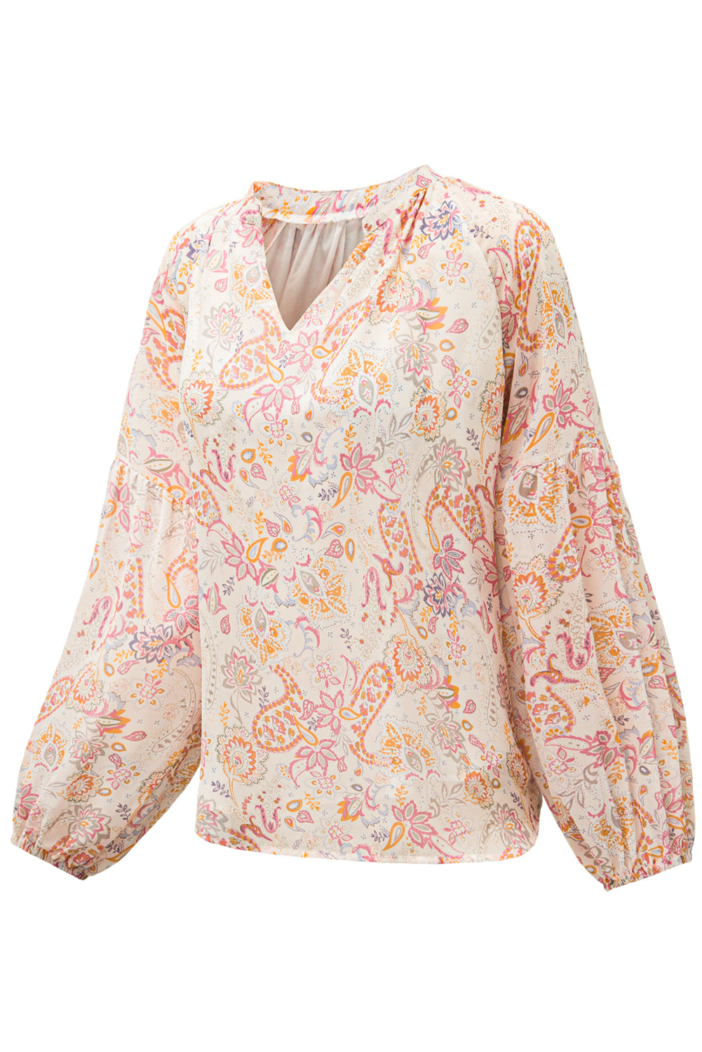 Golden Apricot Floral Print V Neck Long Puff Sleeve Top-Tops/Blouses & Shirts-[Adult]-[Female]-2022 Online Blue Zone Planet