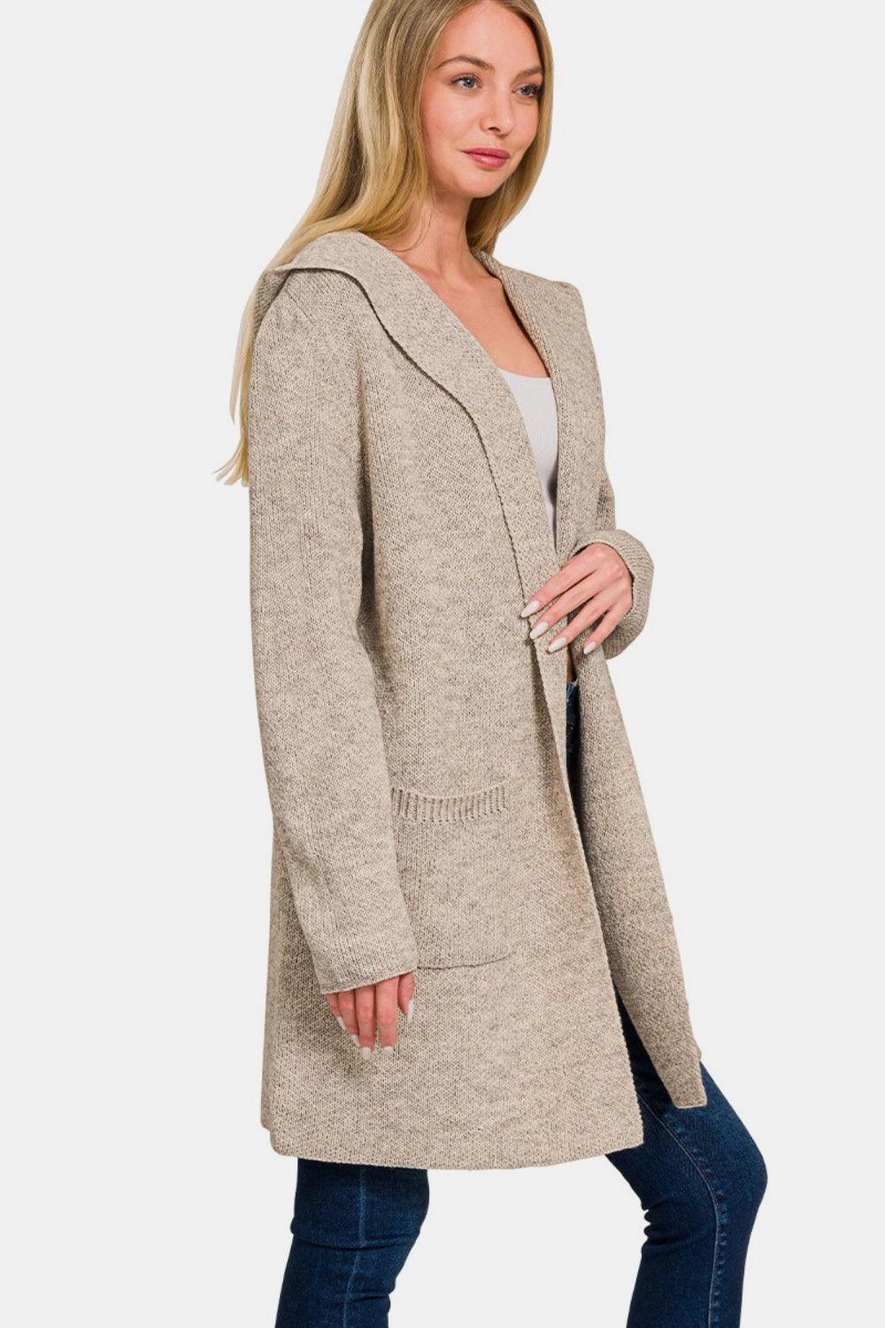 Blue Zone Planet | Zenana Hooded Open Front Sweater Cardigan-TOPS / DRESSES-[Adult]-[Female]-H Mocha-S-2022 Online Blue Zone Planet