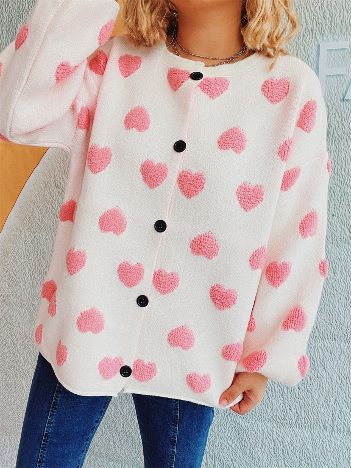 Heart Button Up Long Sleeve Cardigan-TOPS / DRESSES-[Adult]-[Female]-2022 Online Blue Zone Planet