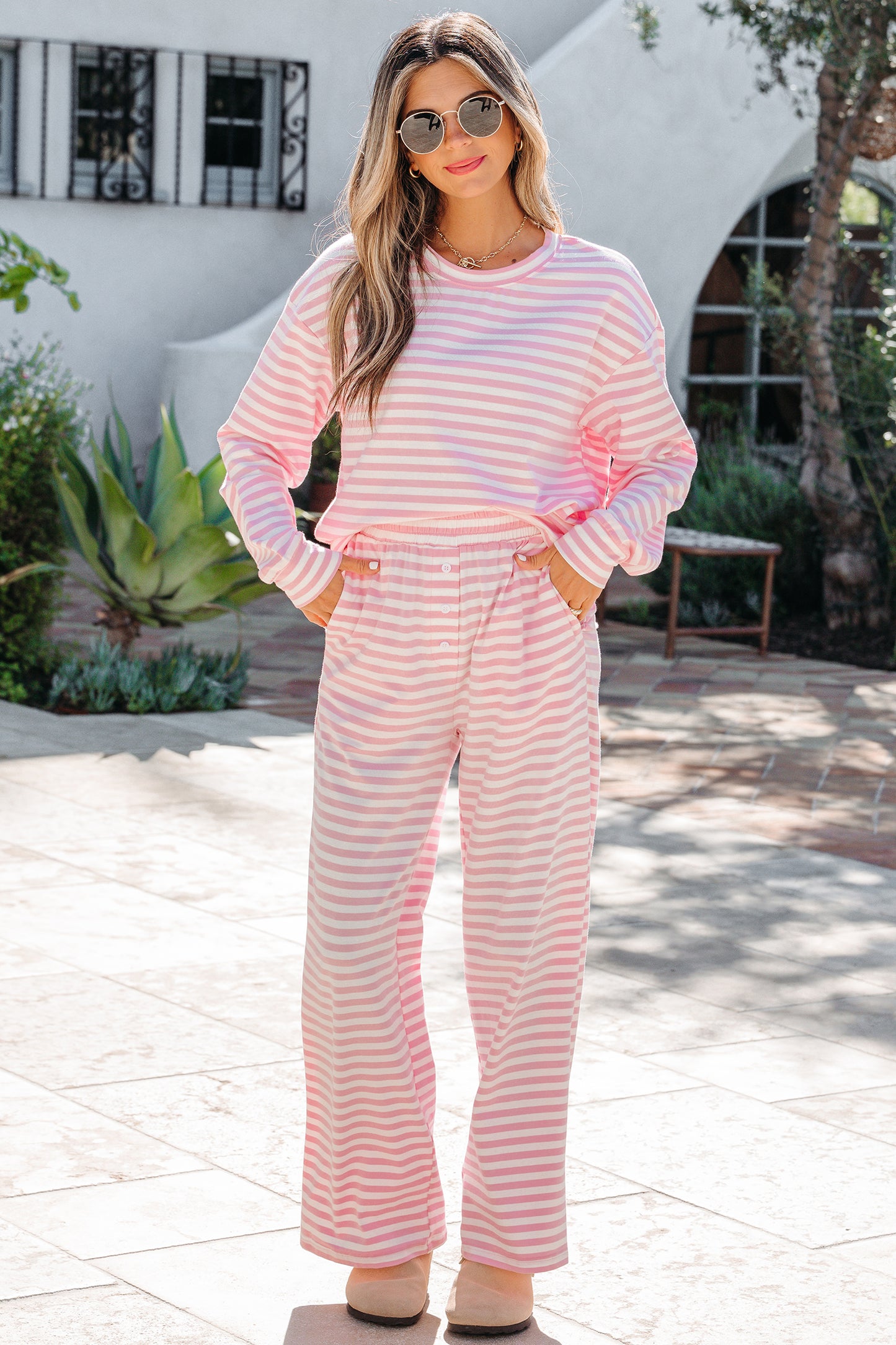 Rose Stripe Drop Shoulder Round Neck Top and Buttoned Straight Pants Two Piece Set-Two Piece Sets/Pant Sets-[Adult]-[Female]-2022 Online Blue Zone Planet