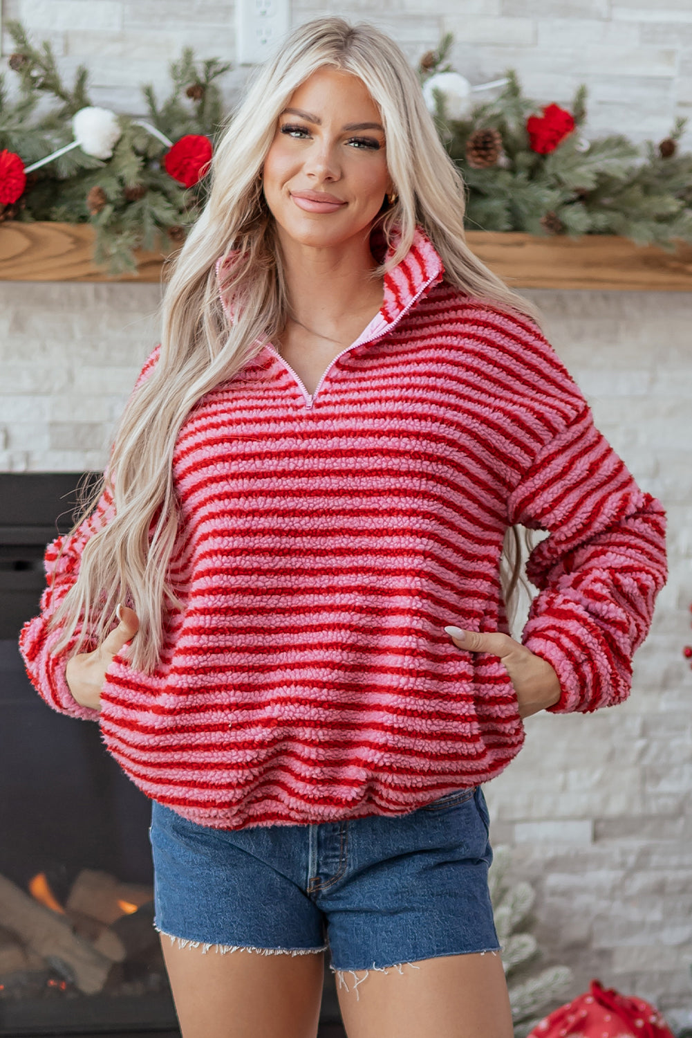 Pink Stripe Quarter Zip Fleece Oversize Sweatshirt-Tops/Sweatshirts & Hoodies-[Adult]-[Female]-2022 Online Blue Zone Planet