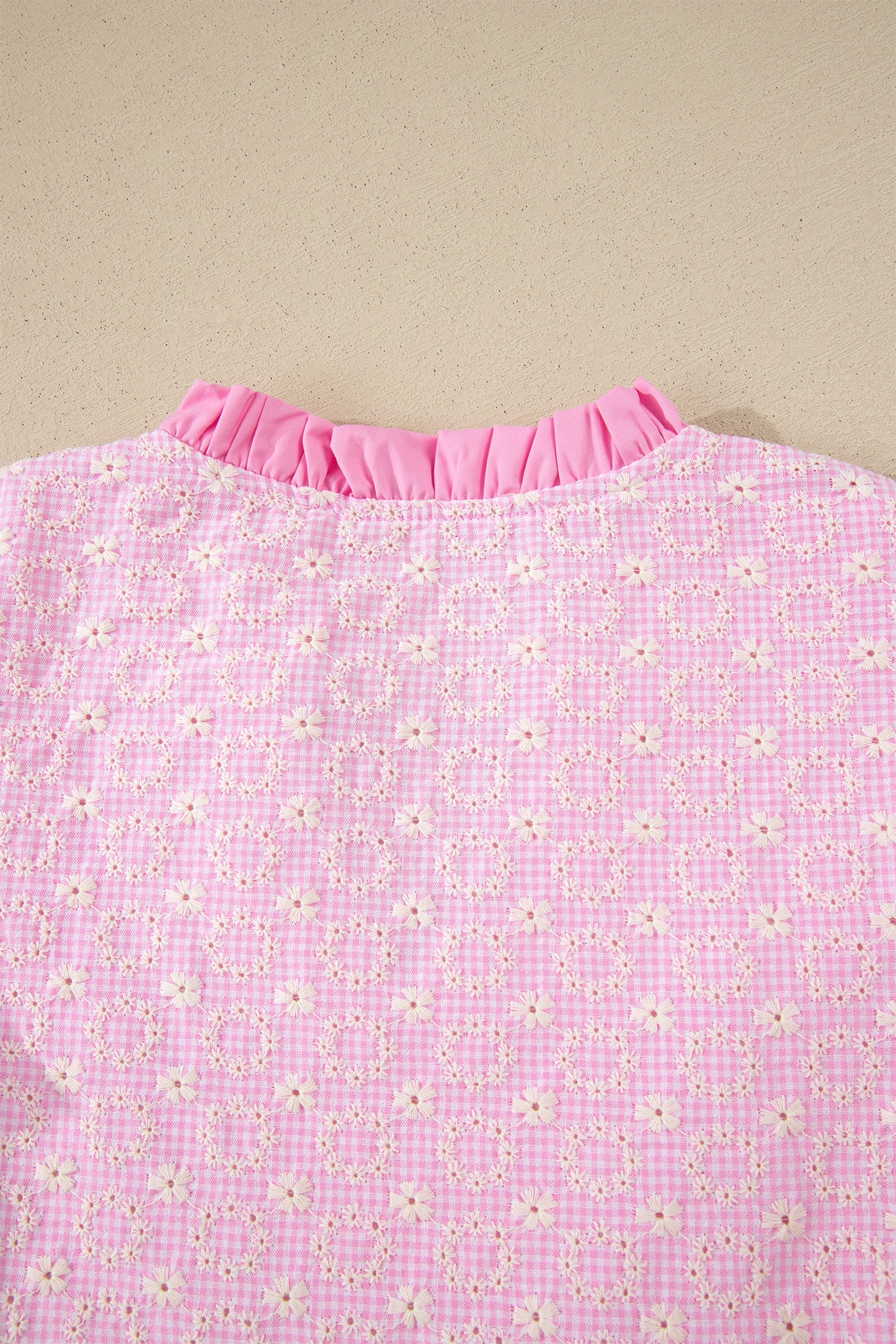 Pink Eyelet Embroidered Flower Texture Contrast Lace Trim Flutter Sleeve Blouse-Tops/Blouses & Shirts-[Adult]-[Female]-2022 Online Blue Zone Planet