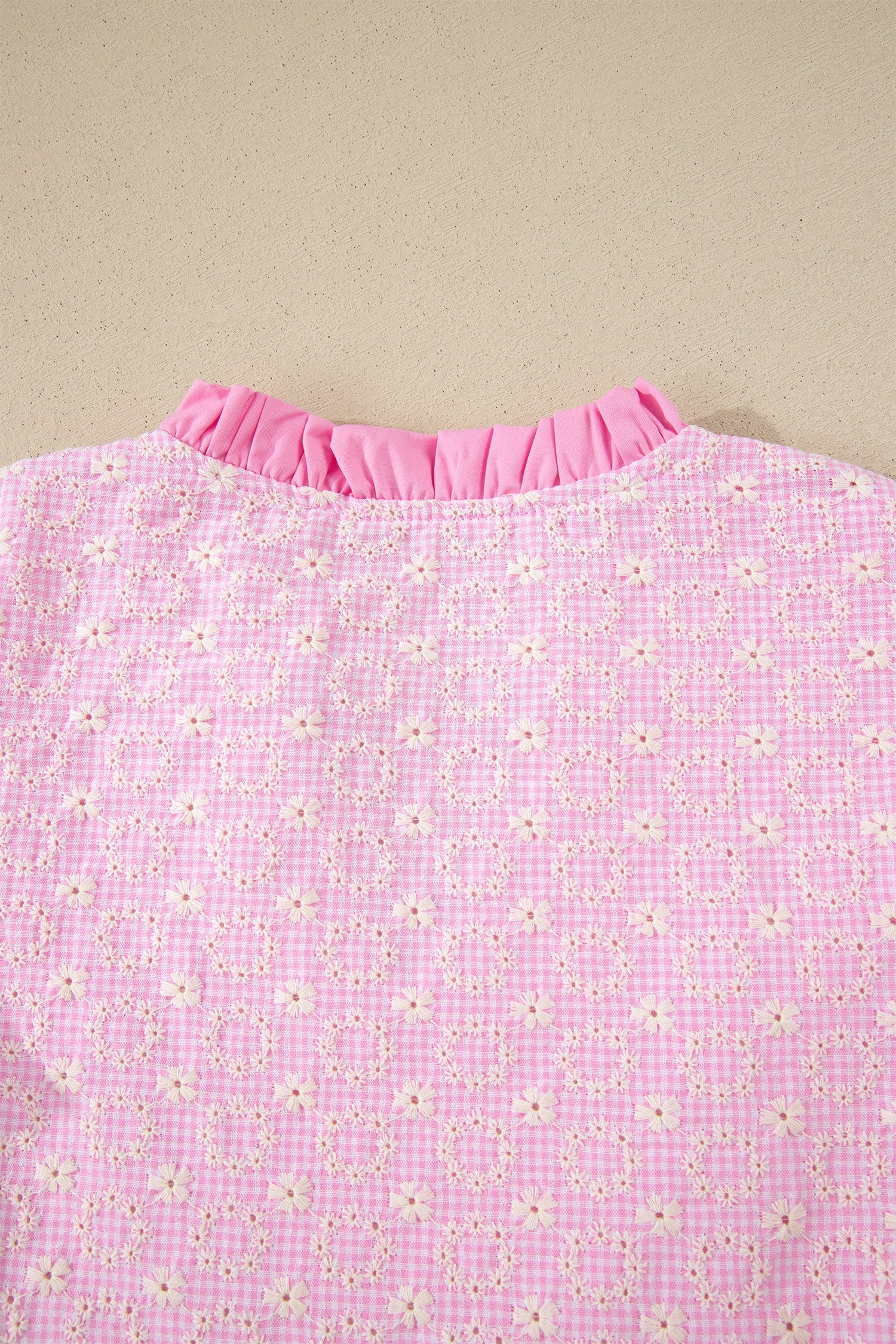 Pink Eyelet Embroidered Flower Texture Contrast Lace Trim Flutter Sleeve Blouse-Tops/Blouses & Shirts-[Adult]-[Female]-2022 Online Blue Zone Planet