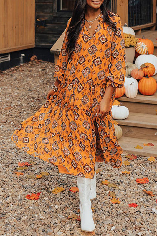 Blue Zone Planet | Orange Western Geometric Print Tiered Frilled Loose Fit Midi Dress-TOPS / DRESSES-[Adult]-[Female]-Orange-S-2022 Online Blue Zone Planet