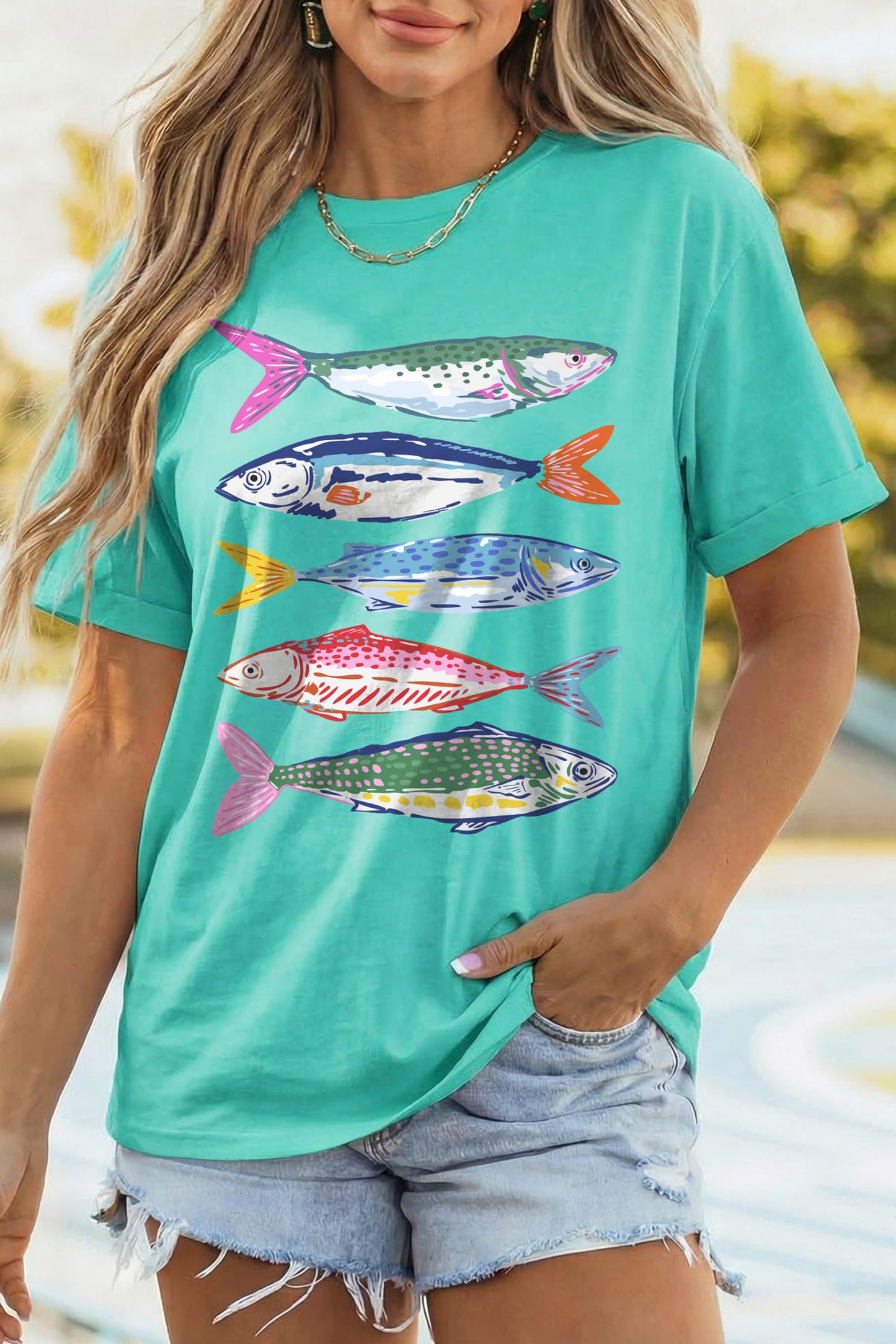 Mint Green Vibrant Fish Print Casual Short Sleeve T Shirt-Graphic/Graphic Tees-[Adult]-[Female]-2022 Online Blue Zone Planet