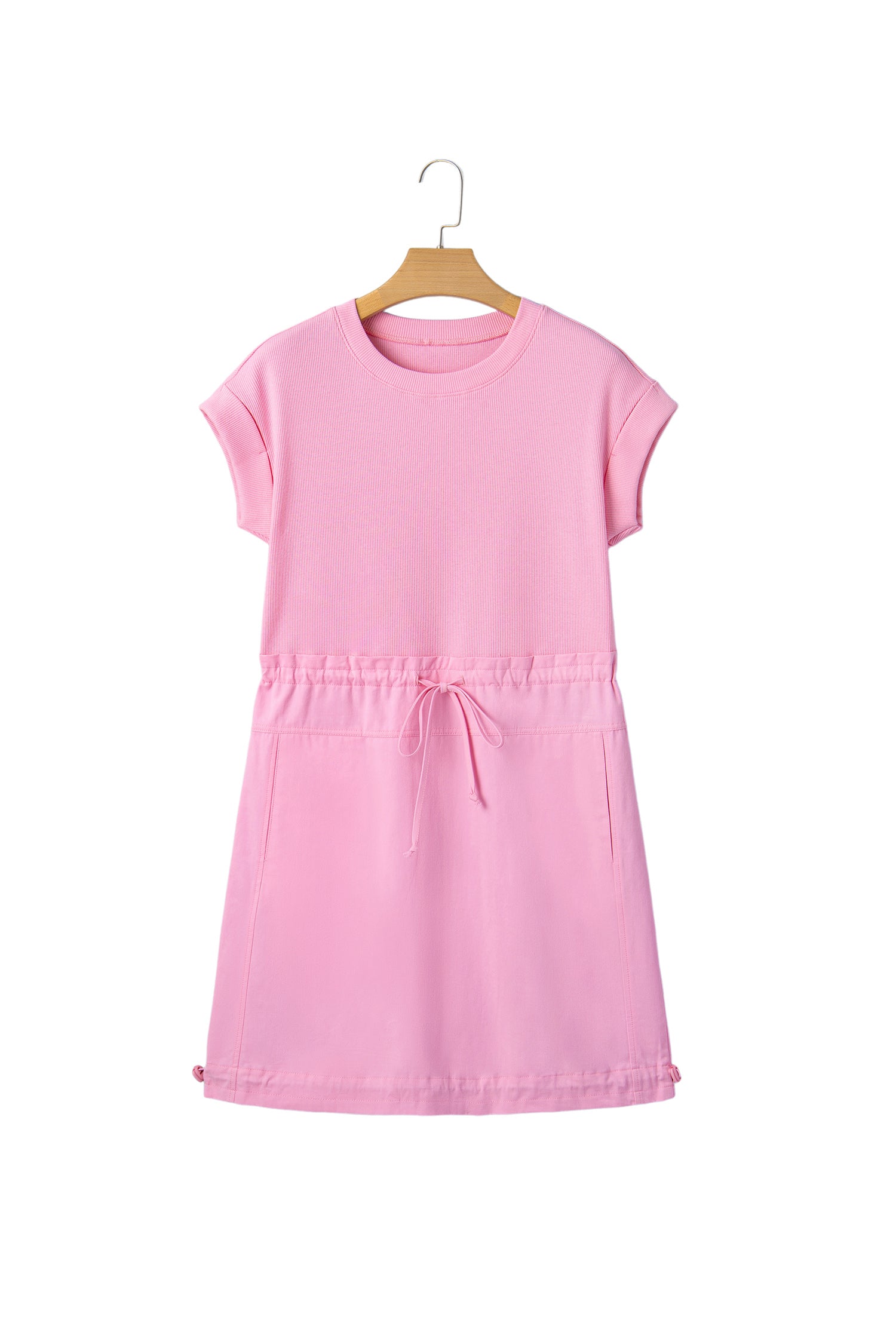 Bonbon Cuffed Short Sleeve Mix Fabric Patchwork Drawstring Mini Dress-TOPS / DRESSES-[Adult]-[Female]-2022 Online Blue Zone Planet