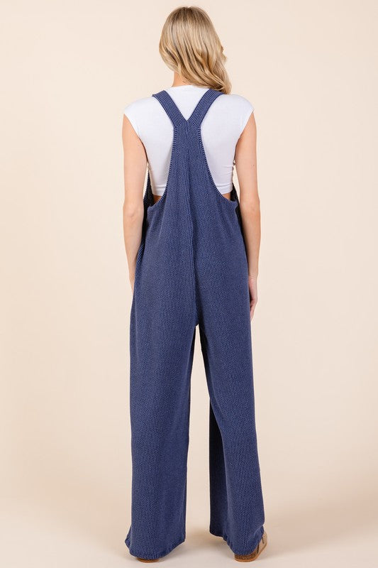 Blue Zone Planet | BOMBOM Knot Straps Wide Leg Ribbed Overalls with Pockets-BOTTOMS SIZES SMALL MEDIUM LARGE-[Adult]-[Female]-2022 Online Blue Zone Planet