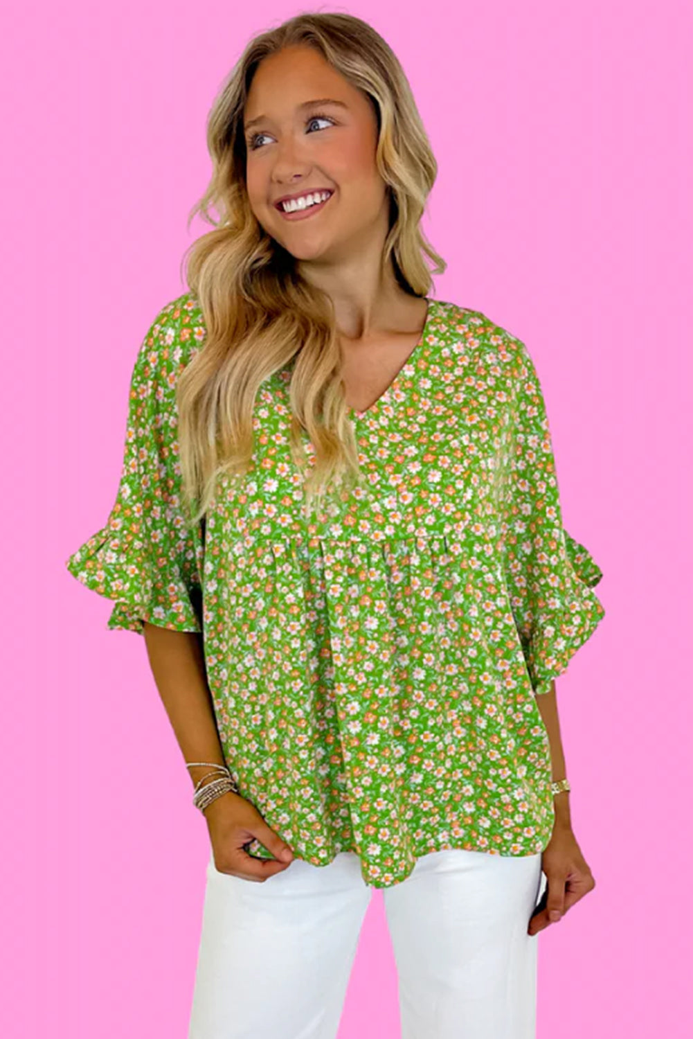 Green Floral Print Ruffle Sleeve V Neck Blouse Top-Tops/Blouses & Shirts-[Adult]-[Female]-2022 Online Blue Zone Planet