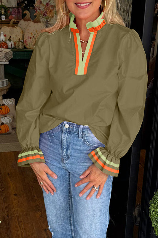 Four Leaf Clover Striped Trim Ruffle Split Neck Long Sleeve Blouse-Tops/Blouses & Shirts-[Adult]-[Female]-2022 Online Blue Zone Planet