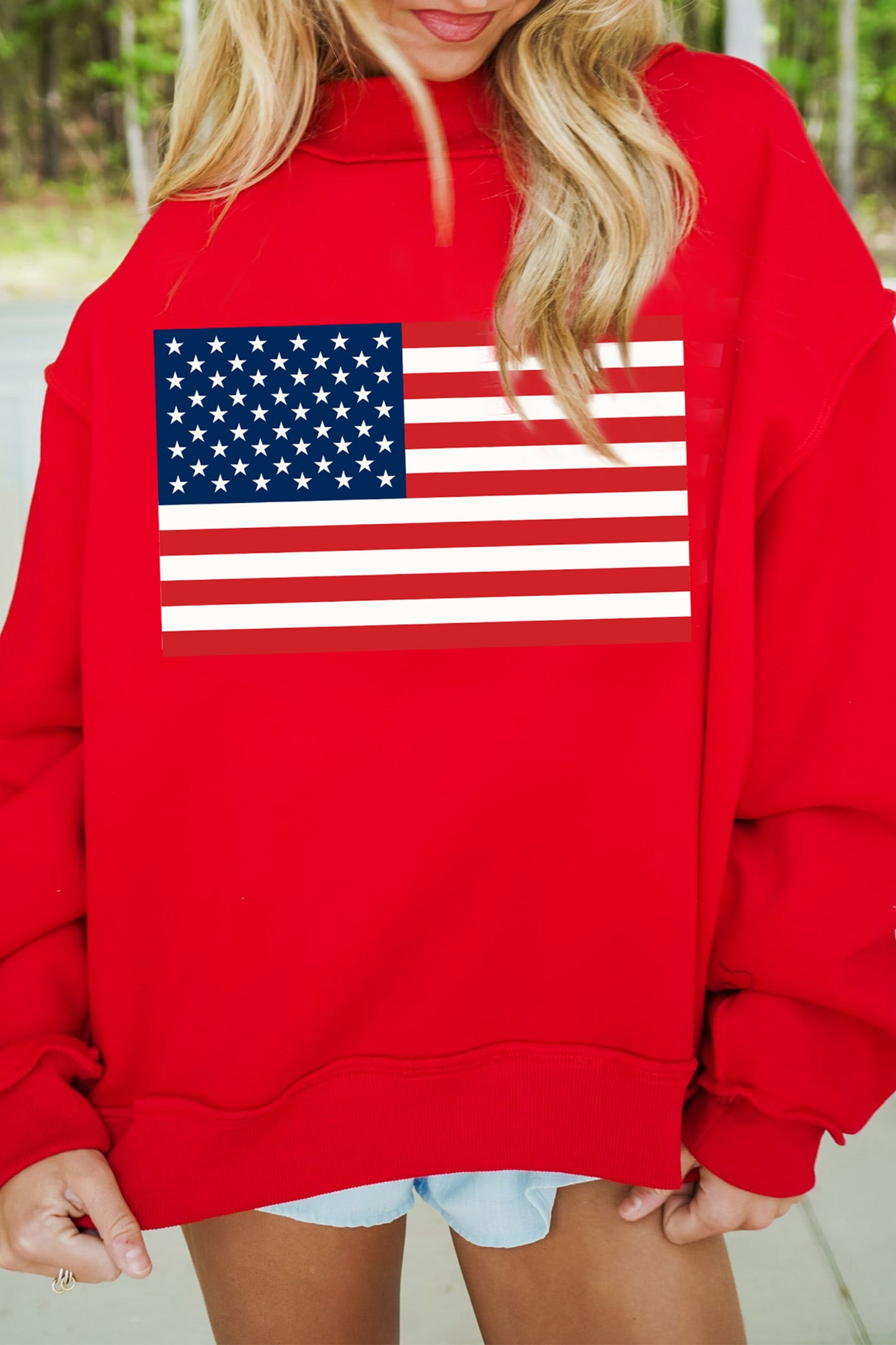 Racing Red American Flag/ USA Double Side Print Reversible Mock Neck Sweatshirt-Graphic/Graphic Sweatshirts-[Adult]-[Female]-2022 Online Blue Zone Planet