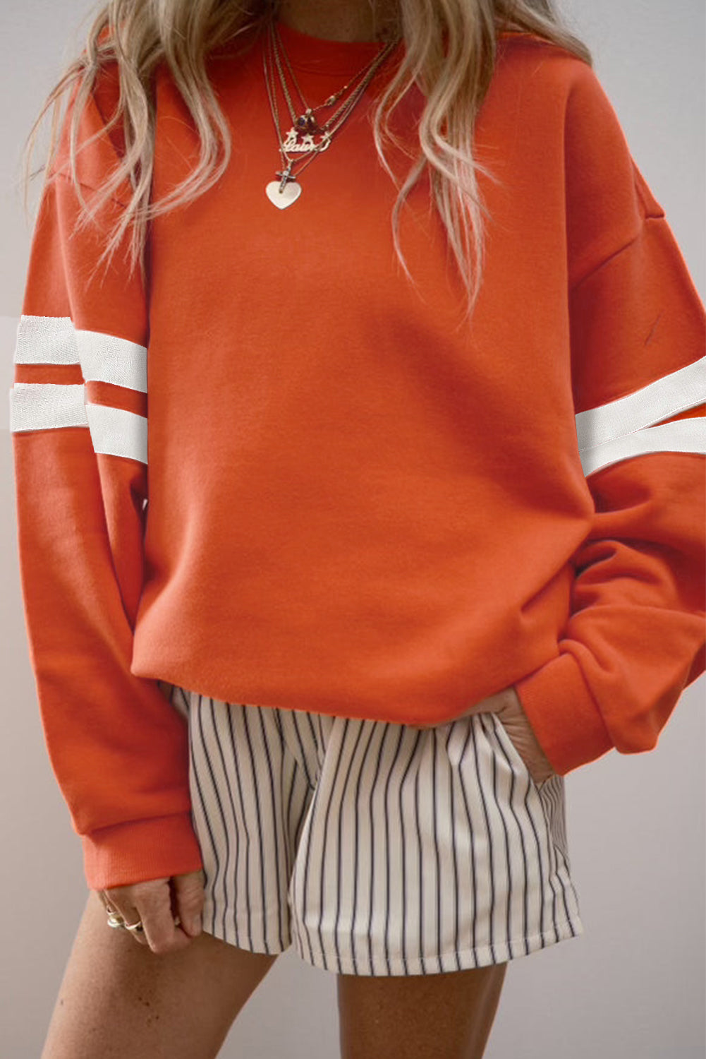 Orange Varsity Striped Detail Drop Shoulder Oversized Sweatshirt-Tops/Sweatshirts & Hoodies-[Adult]-[Female]-Orange-S-2022 Online Blue Zone Planet