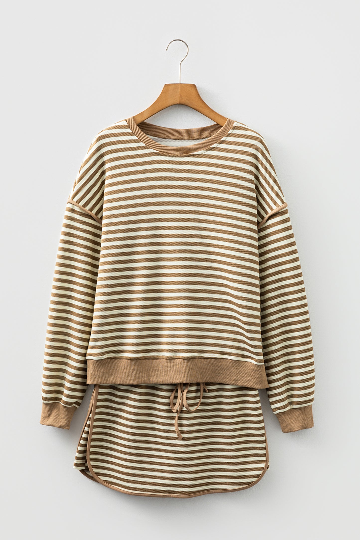 Brown Stripe Textured Drop Shoulder Pullover Top Drawstring Mini Skirt Two Piece Dress Set-TOPS / DRESSES-[Adult]-[Female]-2022 Online Blue Zone Planet