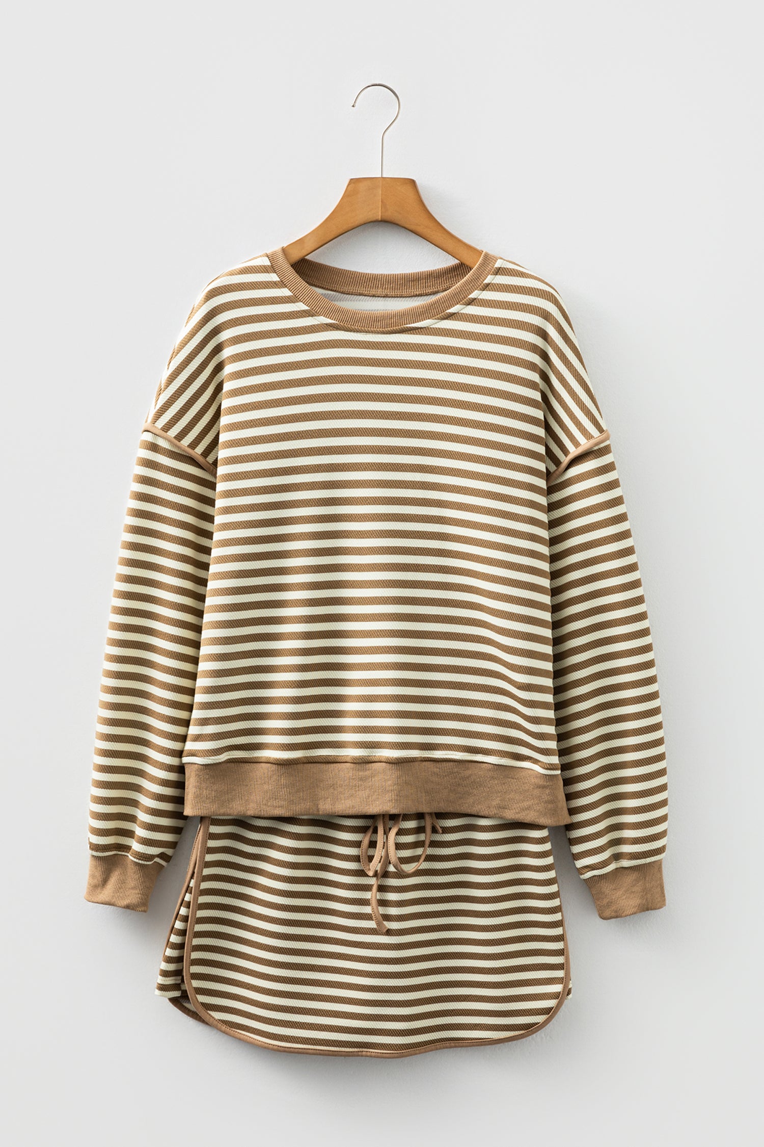 Brown Stripe Textured Drop Shoulder Pullover Top Drawstring Mini Skirt Two Piece Dress Set-TOPS / DRESSES-[Adult]-[Female]-2022 Online Blue Zone Planet