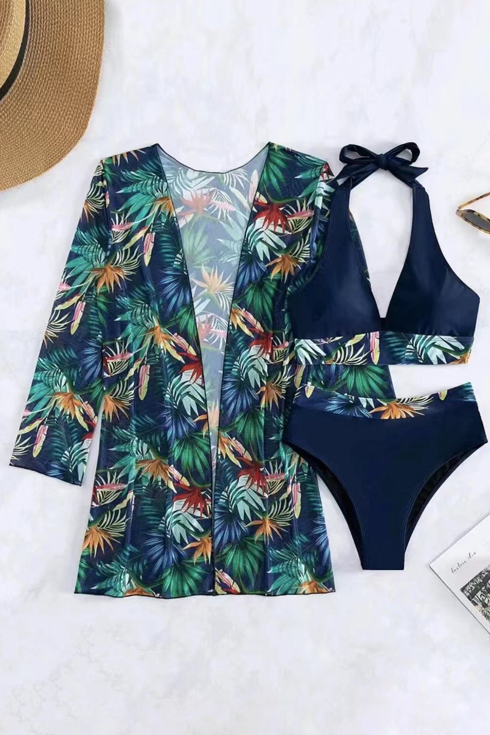 Blue Zone Planet | Navy Blue 3pcs Tropical Contrast Trim Halter Bikini Set with Cove up-TOPS / DRESSES-[Adult]-[Female]-2022 Online Blue Zone Planet
