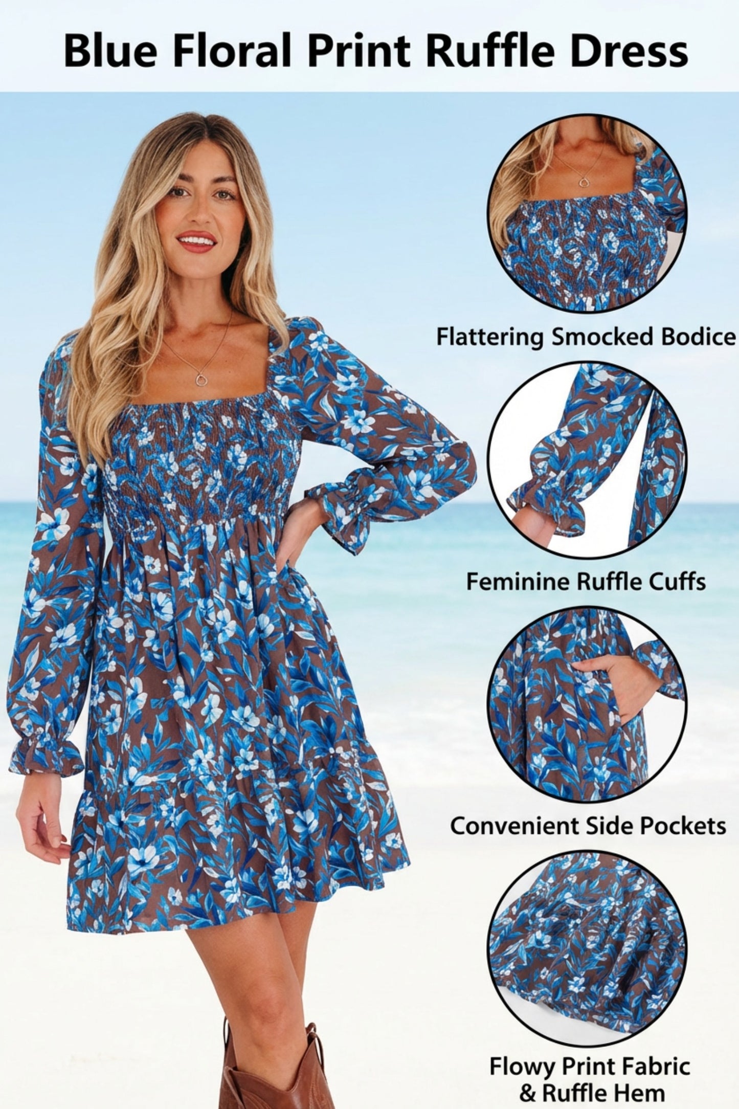 Blue Smocked Bodice High Waist Ruffled Sleeve Floral Dress-TOPS / DRESSES-[Adult]-[Female]-2022 Online Blue Zone Planet