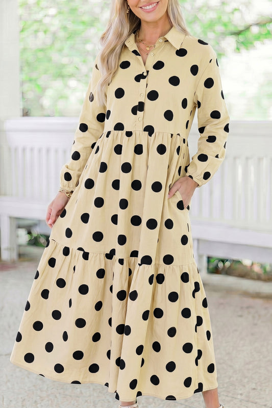 Apricot Polka Dot Button Front Long Sleeve Shift Dress-Dresses/Maxi Dresses-[Adult]-[Female]-Apricot-S-2022 Online Blue Zone Planet