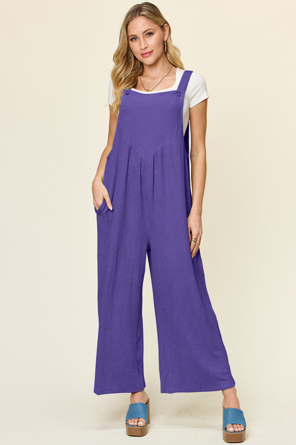 Blue Zone Planet | Double Take Full Size Texture Sleeveless Wide Leg Overall-TOPS / DRESSES-[Adult]-[Female]-Indigo-S-2022 Online Blue Zone Planet