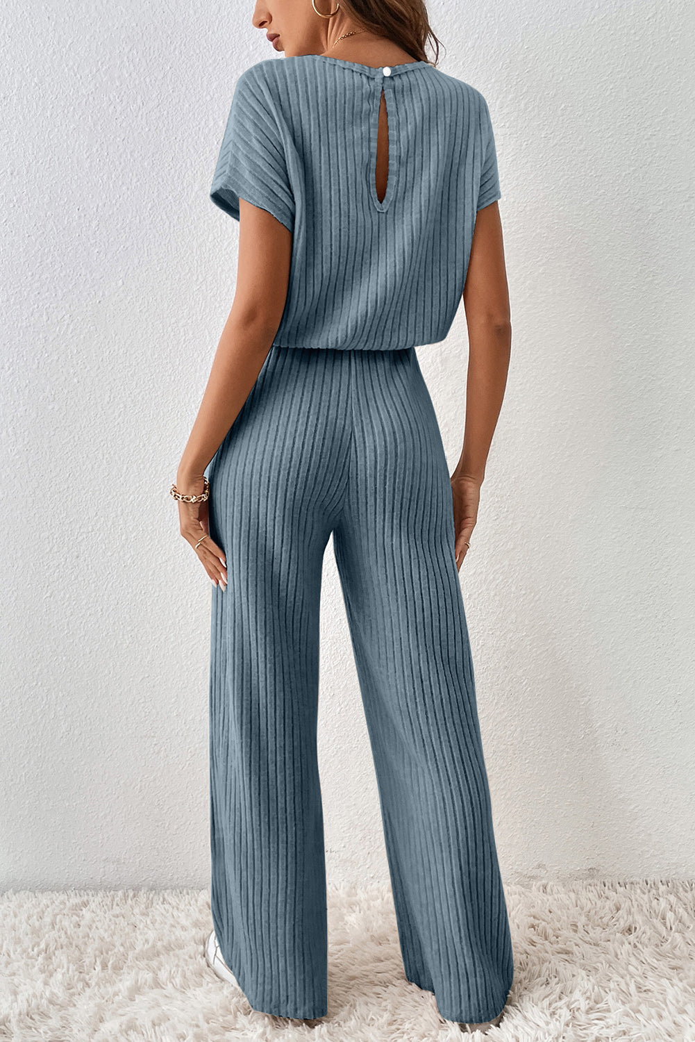 Dusk Blue Ribbed Keyhole Short Sleeve Wide Leg Jumpsuit-Bottoms/Jumpsuits & Rompers-[Adult]-[Female]-2022 Online Blue Zone Planet