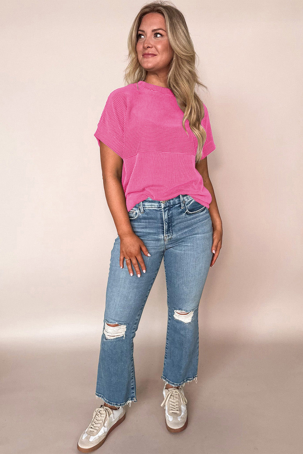 Bright Pink Plain Corded Knit Mock Neck T Shirt-Tops/Tops & Tees-[Adult]-[Female]-2022 Online Blue Zone Planet