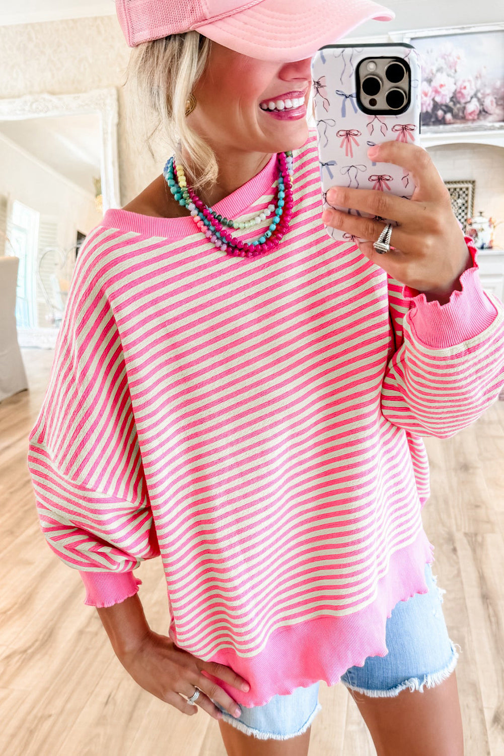 Blue Zone Planet | Pink Stripe Loose Drop Shoulder Long Sleeve Top-Tops/Long Sleeve Tops-[Adult]-[Female]-2022 Online Blue Zone Planet