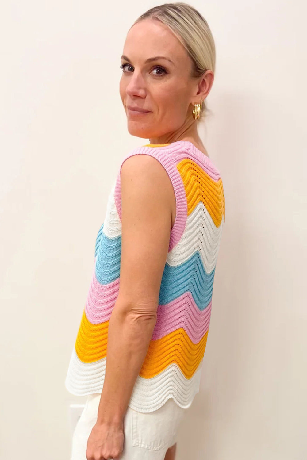Multicolour Striped Colorblock Scalloped Hem Knitted Vest-Sweaters & Cardigans/Sweater Vests-[Adult]-[Female]-2022 Online Blue Zone Planet