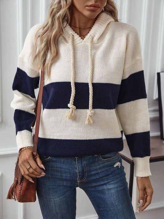 Drawstring Contrast Stripe Dropped Shoulder Hooded Sweater-TOPS / DRESSES-[Adult]-[Female]-Tan-S-2022 Online Blue Zone Planet