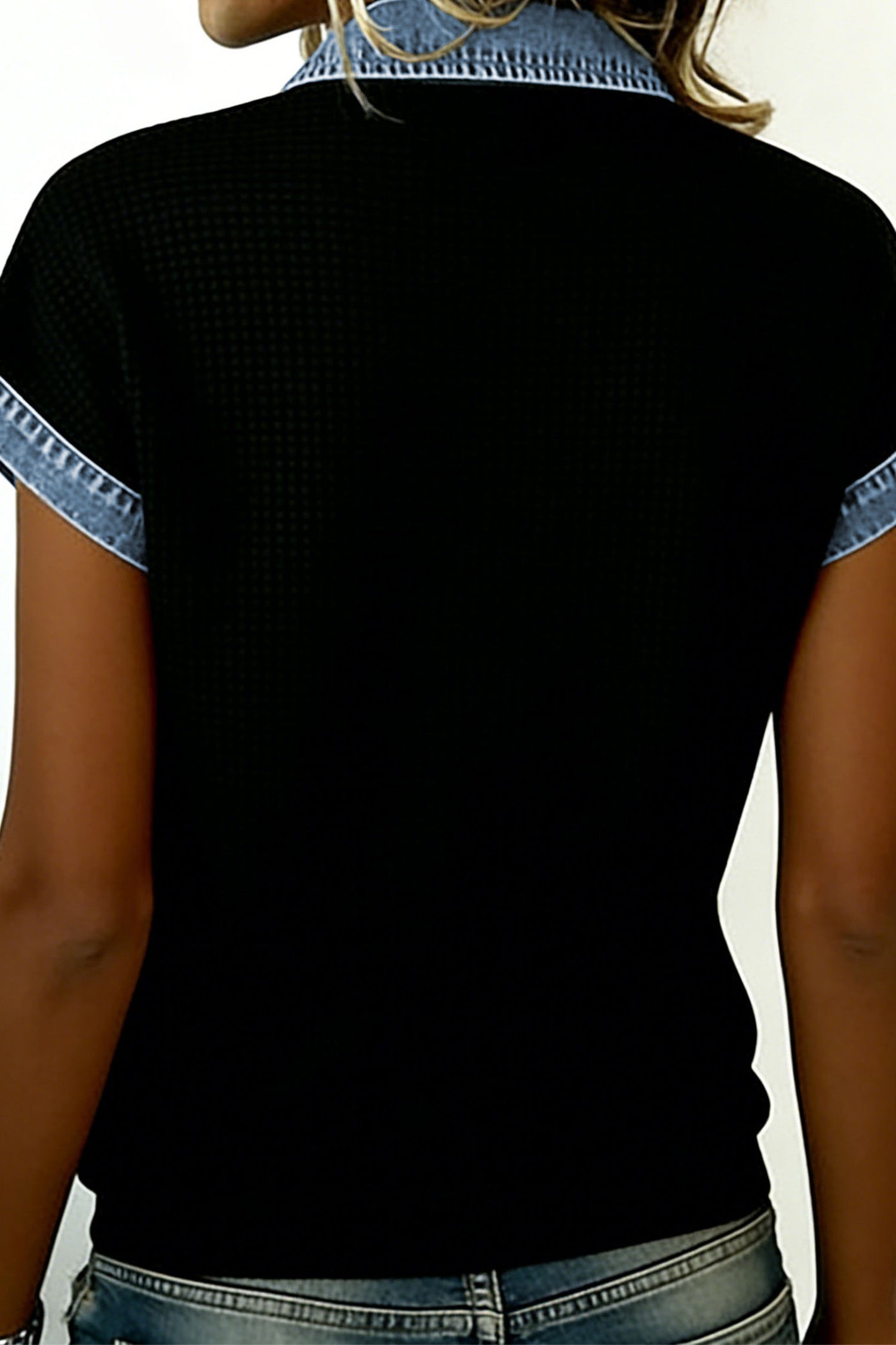 Black Textured Knit Denim Color Block Patchwork Collar Button Down Shirt-Tops/Blouses & Shirts-[Adult]-[Female]-2022 Online Blue Zone Planet