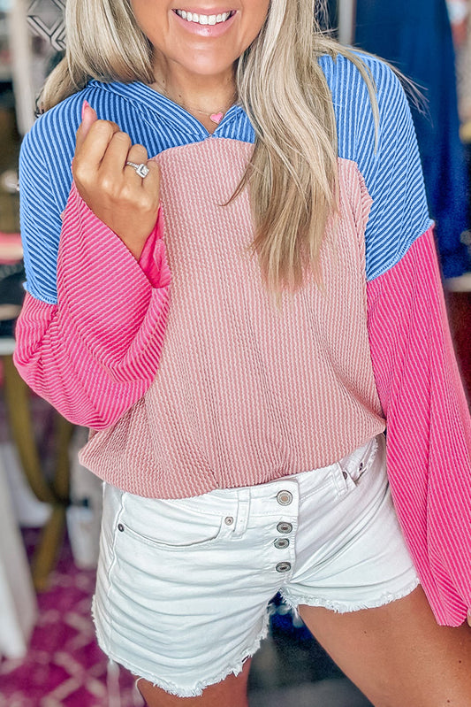 Pink Color Block Patchwork Corded Knit Loose Fit Hooded Blouse-Tops/Blouses & Shirts-[Adult]-[Female]-Pink-S-2022 Online Blue Zone Planet