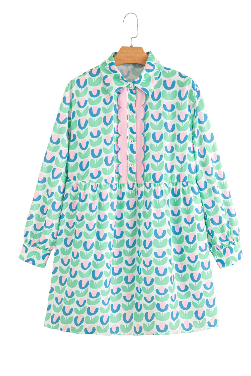 Green Floral Print Notched Neck Scalloped Detail Long Sleeve Mini Dress-TOPS / DRESSES-[Adult]-[Female]-2022 Online Blue Zone Planet