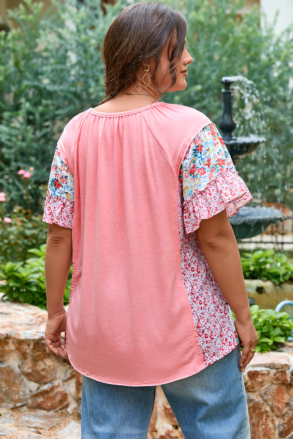 Pink Plus Size Floral Patchwork Ruffled Short Sleeve Blouse-Plus Size/Plus Size Tops/Plus Size Blouses & Shirts-[Adult]-[Female]-2022 Online Blue Zone Planet