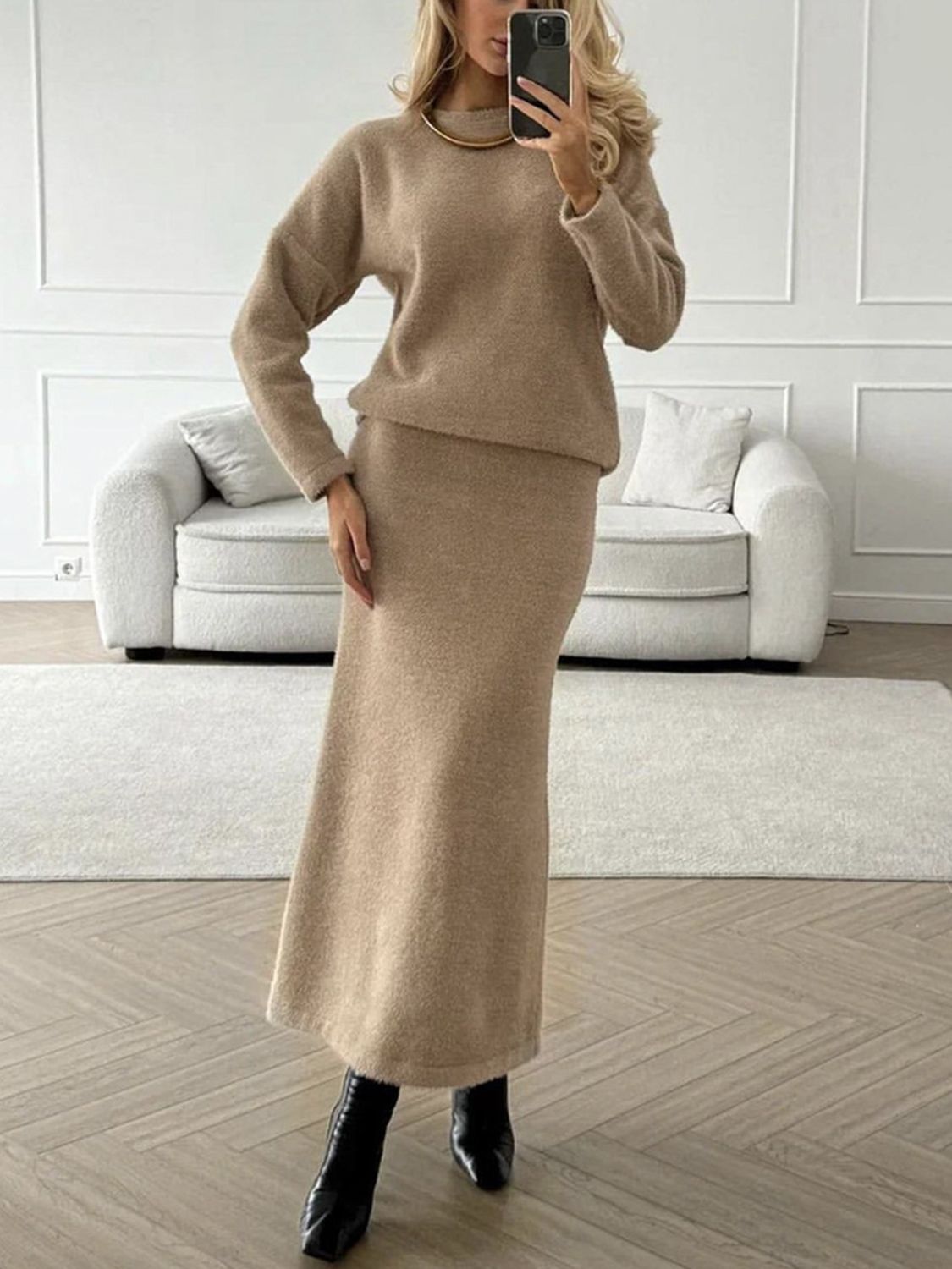 Round Neck Dropped Shoulder Top and Midi Skirt Sweater Set-TOPS / DRESSES-[Adult]-[Female]-2022 Online Blue Zone Planet