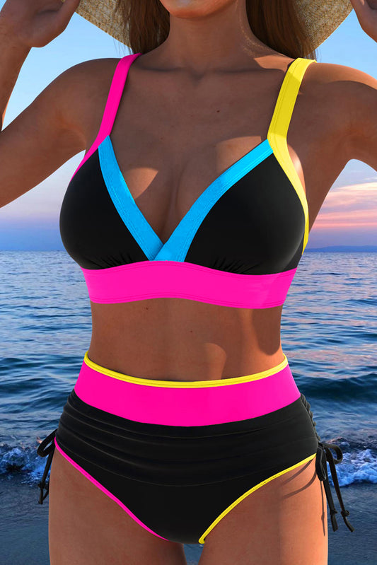 Black Color Block Drawstring Side V Neck High Waist Bikini Set-Bikini Sets-[Adult]-[Female]-Black-S-2022 Online Blue Zone Planet