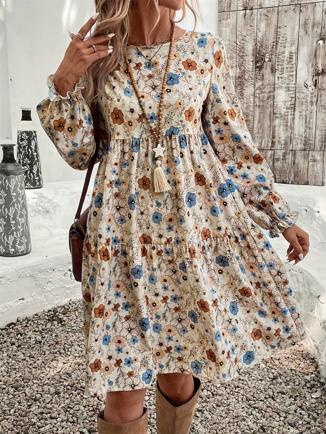 Blue Zone Planet | Ruffled Printed Round Neck Long Sleeve Dress-TOPS / DRESSES-[Adult]-[Female]-2022 Online Blue Zone Planet