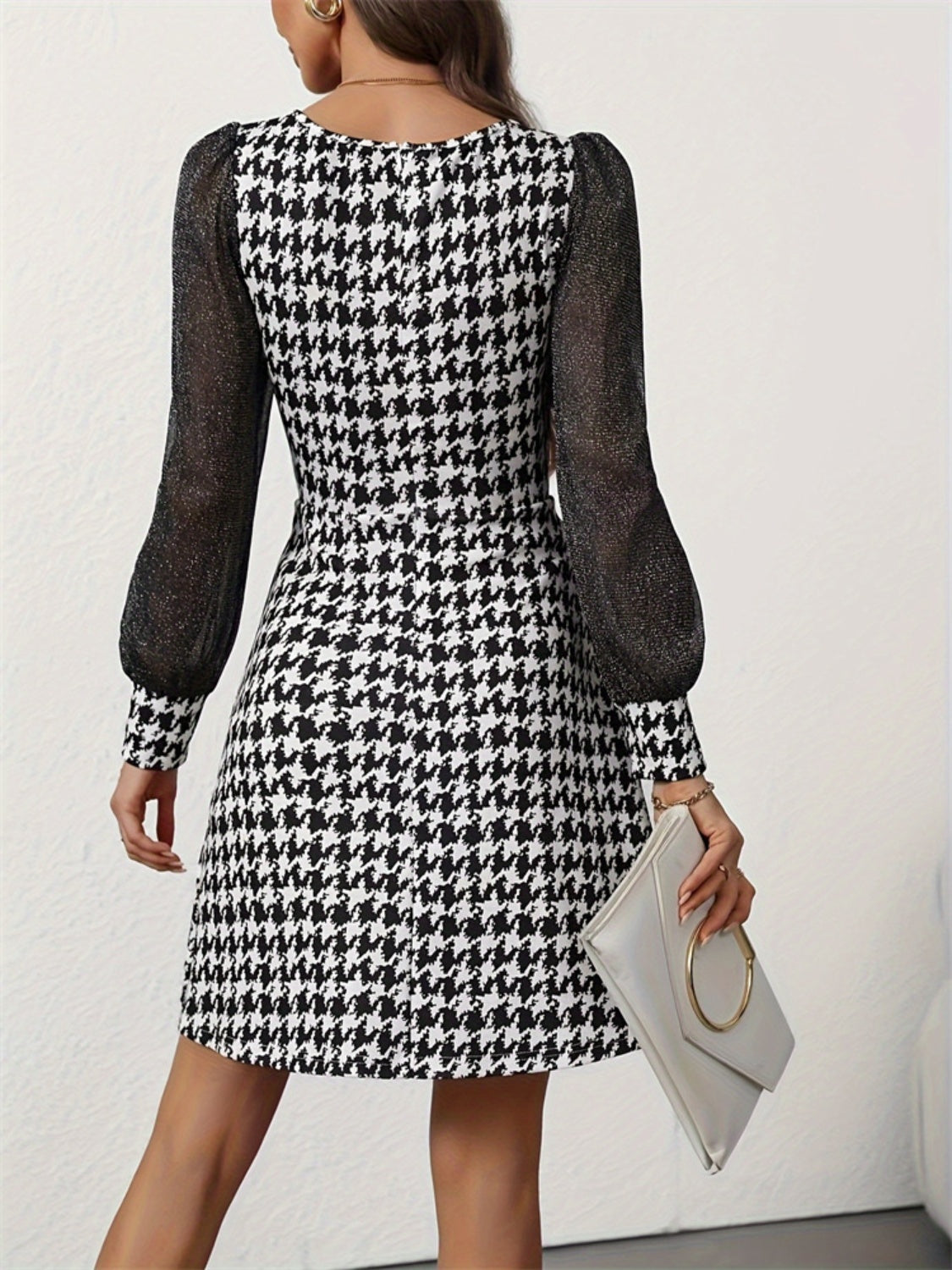 Houndstooth Square Neck Long Sleeve Mini Dress-TOPS / DRESSES-[Adult]-[Female]-2022 Online Blue Zone Planet