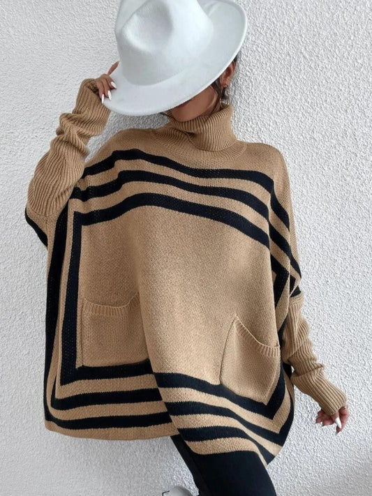 Striped Turtleneck Batwing Sleeve Sweater with Pockets-TOPS / DRESSES-[Adult]-[Female]-Tan-S-2022 Online Blue Zone Planet