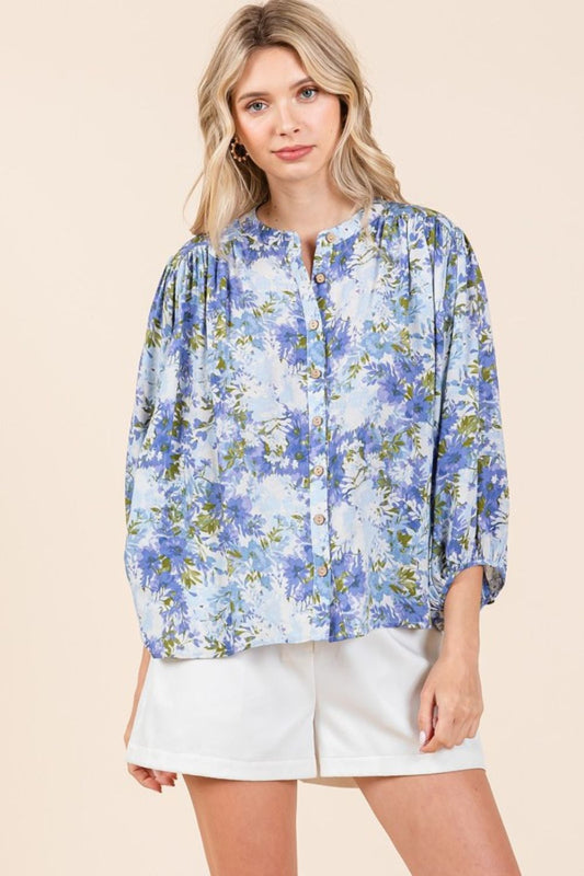 Mittoshop Flower Print Batwing Sleeve Button Down Blouse-TOPS / DRESSES-[Adult]-[Female]-2022 Online Blue Zone Planet