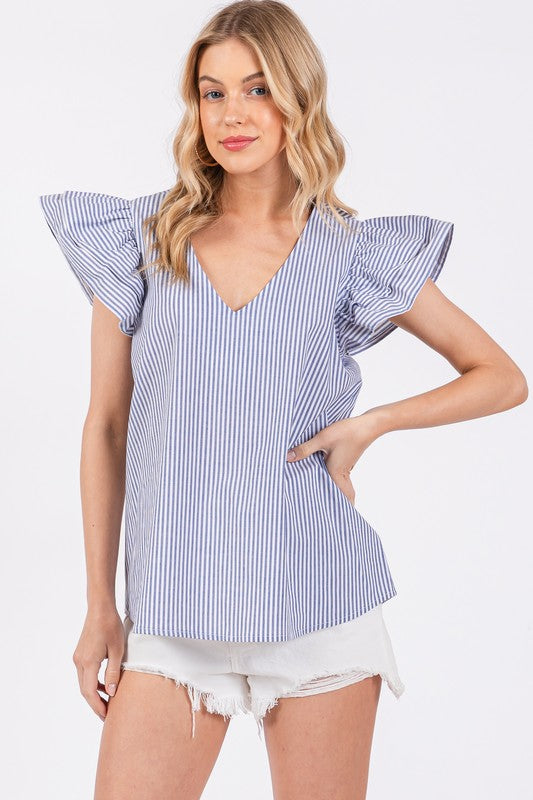Ces Femme Striped V-Neck Ruffled Cap Sleeve Blouse-TOPS / DRESSES-[Adult]-[Female]-2022 Online Blue Zone Planet