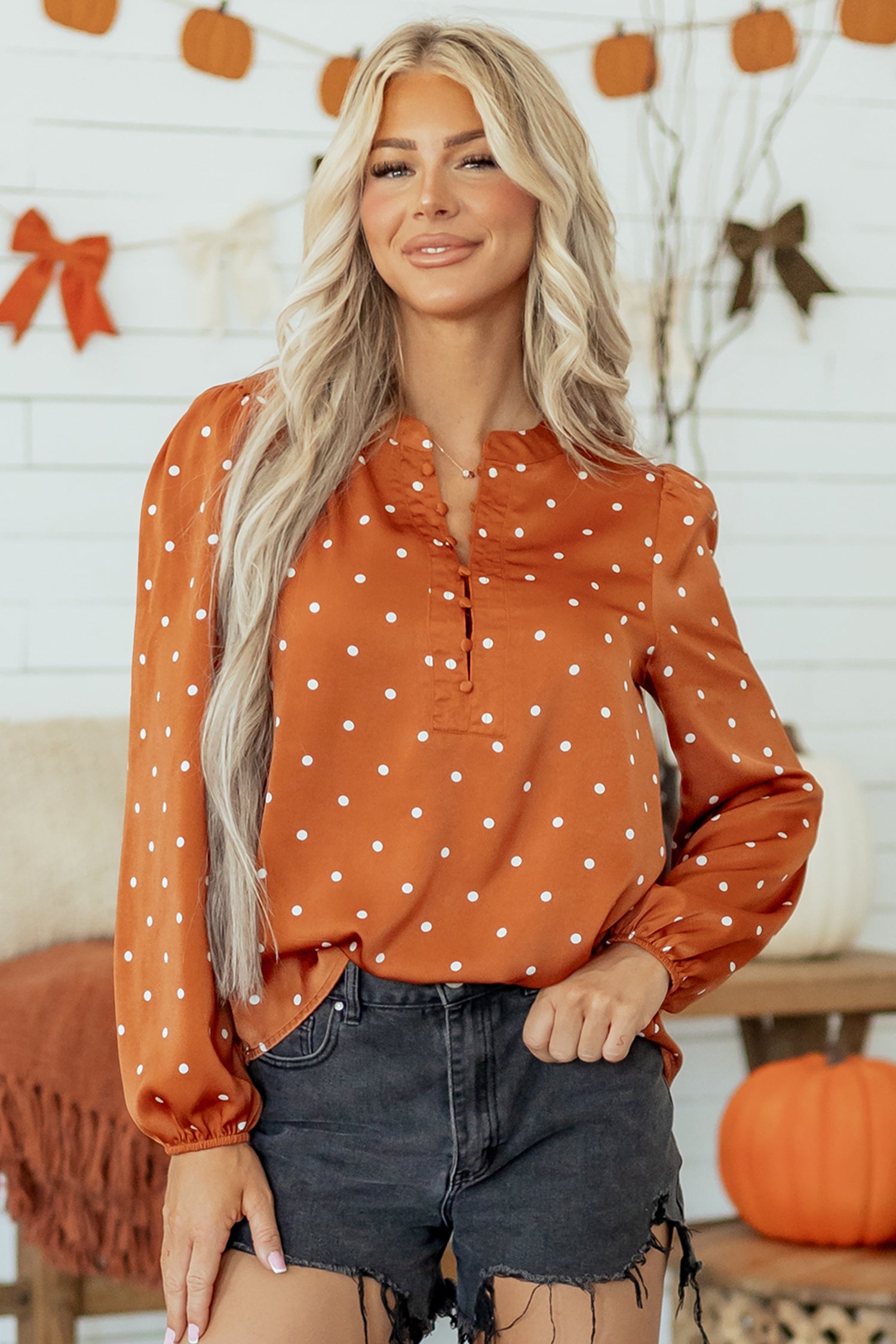 Brown Polka Dot Half Button V Neck Long Sleeve Blouse-Tops/Blouses & Shirts-[Adult]-[Female]-2022 Online Blue Zone Planet