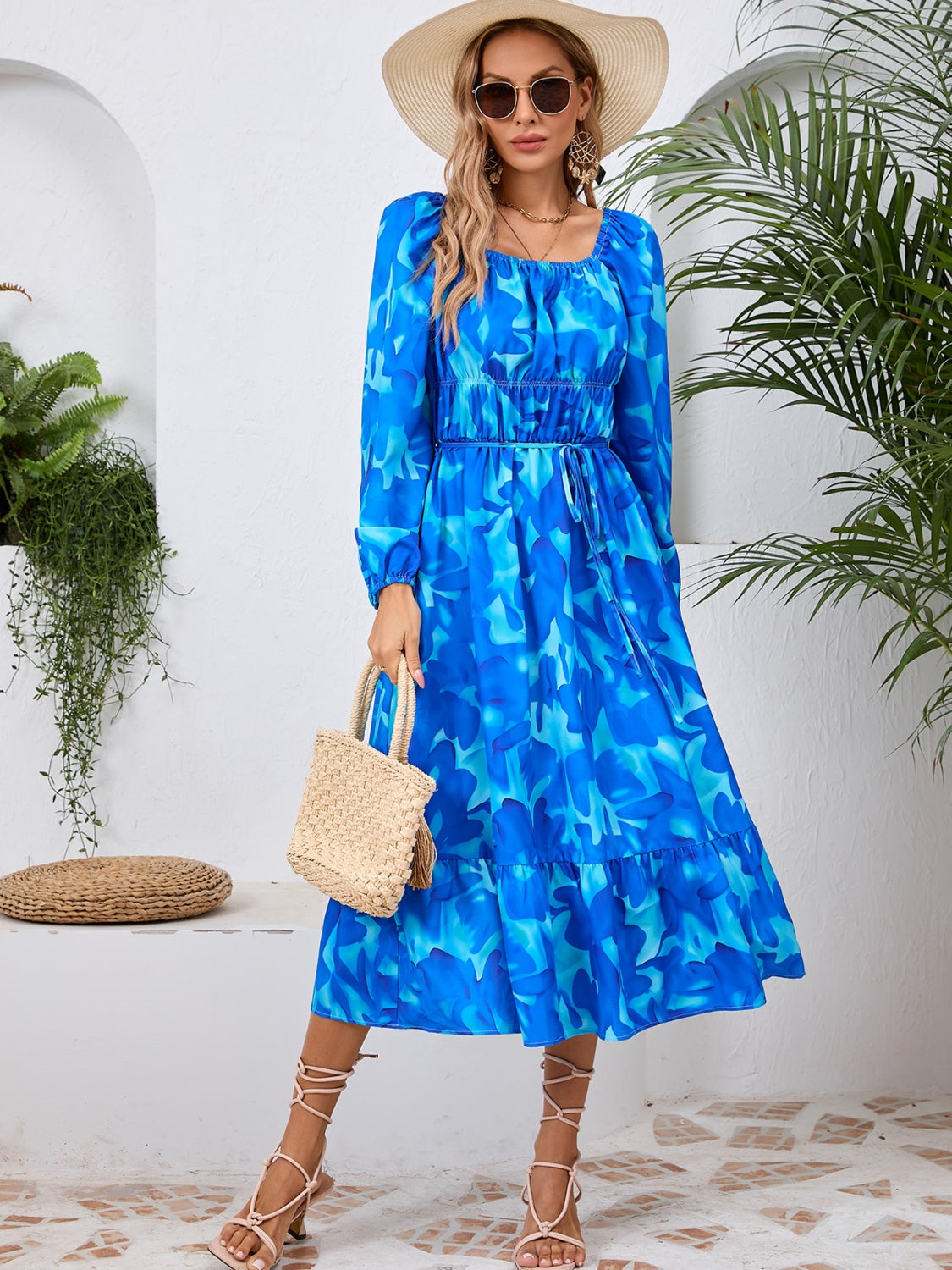 Printed Long Sleeve Midi Dress-TOPS / DRESSES-[Adult]-[Female]-Blue-S-2022 Online Blue Zone Planet