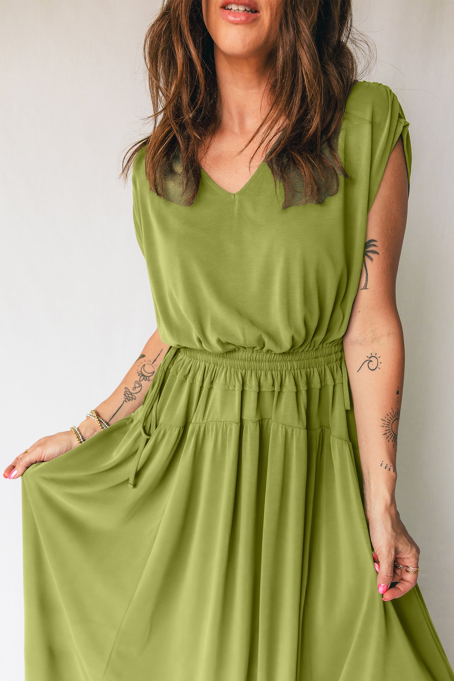 Fern Green Solid V Neck Cap Sleeve Tunic Elastic Waist Versatile Maxi Dress-Dresses/Maxi Dresses-[Adult]-[Female]-2022 Online Blue Zone Planet