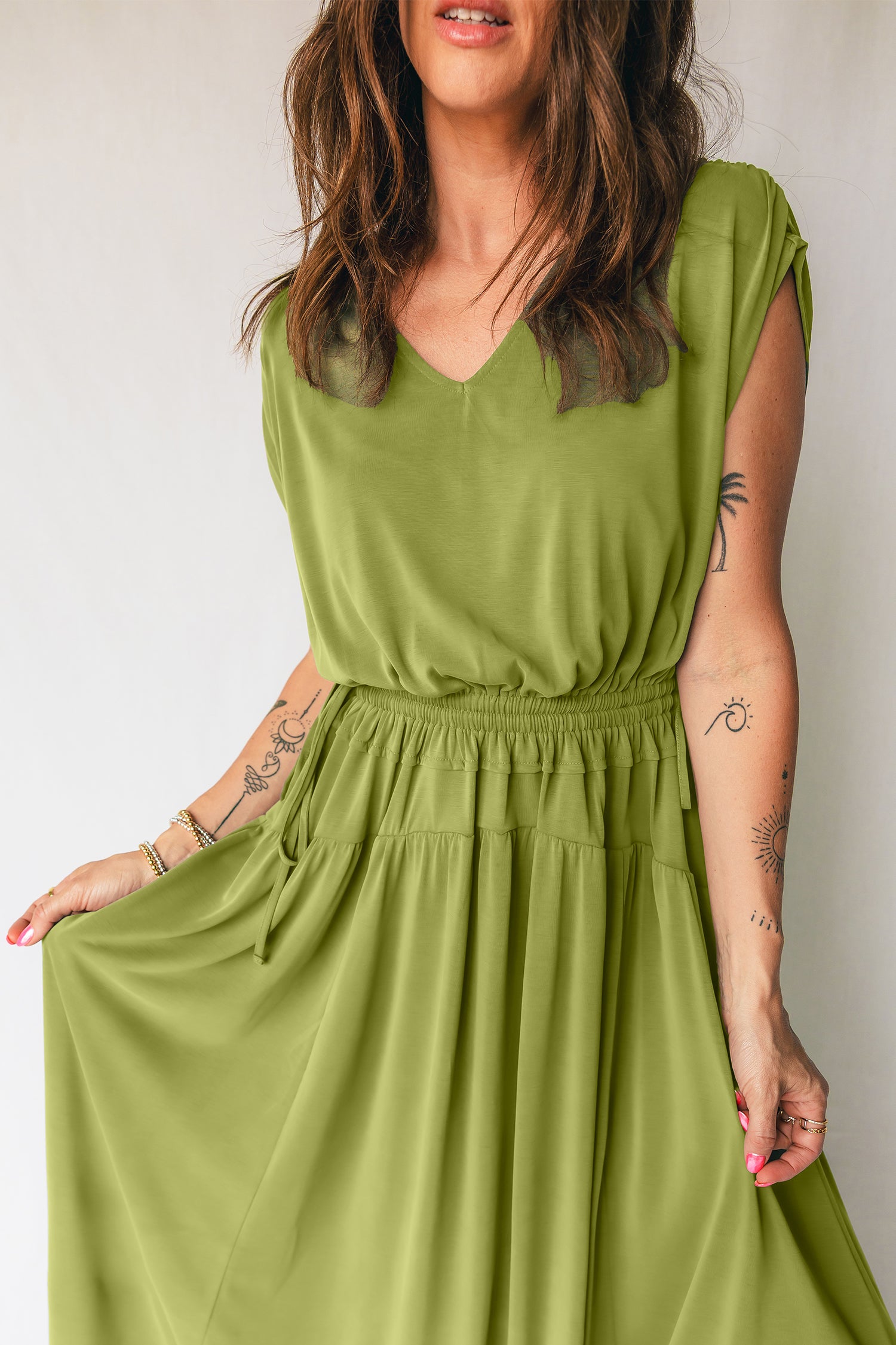 Fern Green Solid V Neck Cap Sleeve Tunic Elastic Waist Versatile Maxi Dress-Dresses/Maxi Dresses-[Adult]-[Female]-2022 Online Blue Zone Planet
