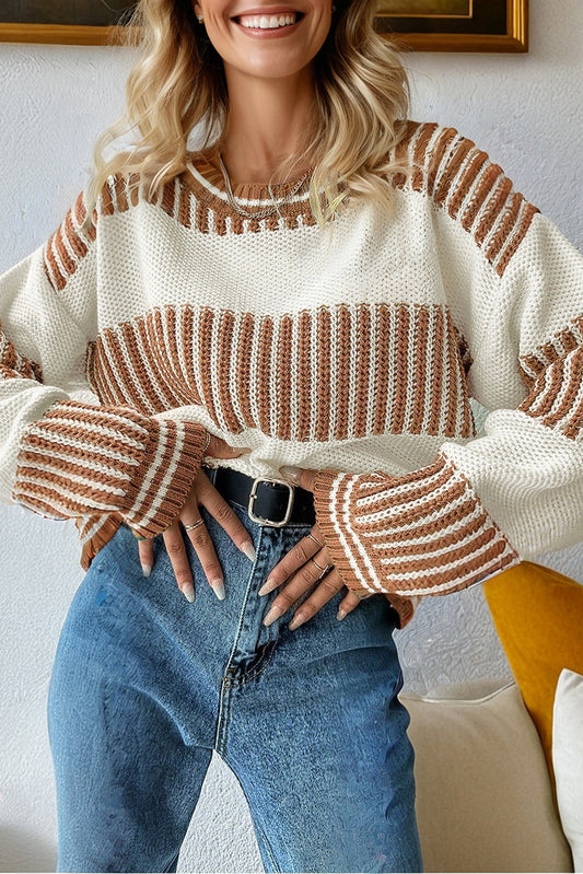 Khaki Two Tone Striped Patchwork Drop Shoulder Loose Sweater-Sweaters & Cardigans/Sweaters-[Adult]-[Female]-2022 Online Blue Zone Planet