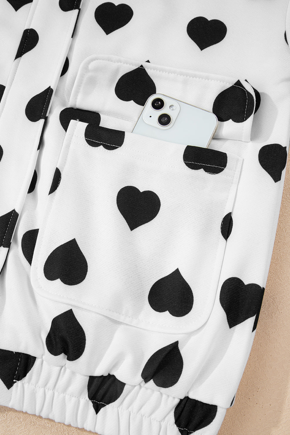 White Double Flap Pocket Heart Print Collar Zip Jacket-Outerwear/Jackets-[Adult]-[Female]-2022 Online Blue Zone Planet
